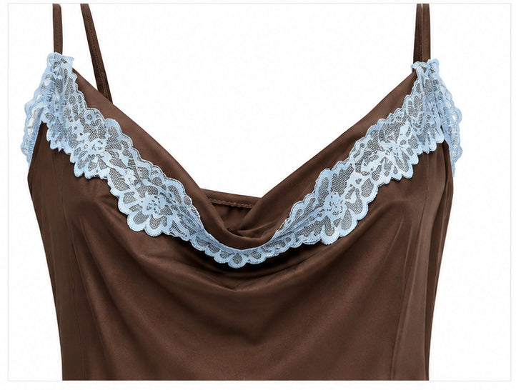 Women’s Chocolate Brown Satin Maxi Dress with Blue Lace