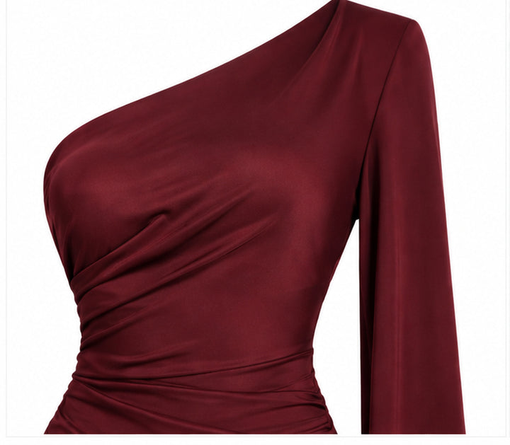 Burgundy One-Shoulder Maxi Dress with Fringe Sleeve