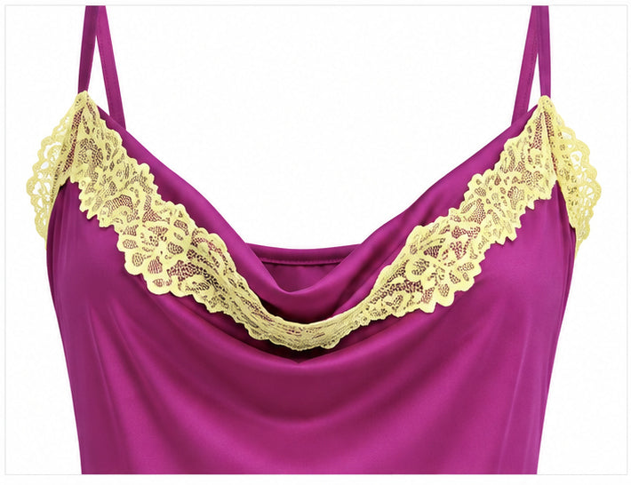 Women’s Fuchsia Satin Maxi Dress with Yellow Lace
