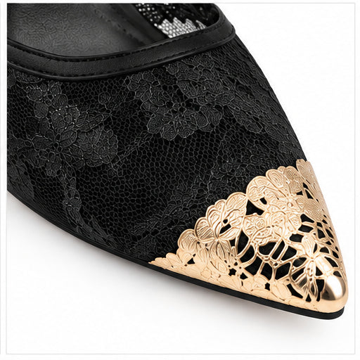 Women’s Black Lace High-Heel Mules with Bow & Gold Toe