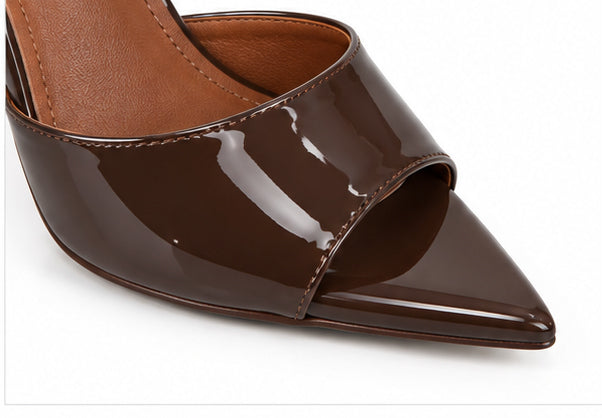 Women’s Chocolate Brown Patent High-Heel Mules with Peep Toe