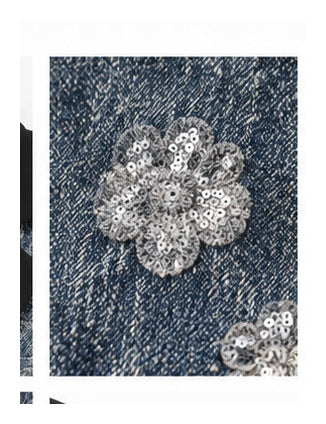 Denim & Black Tailored Blazer with Sequin Floral Embellishments