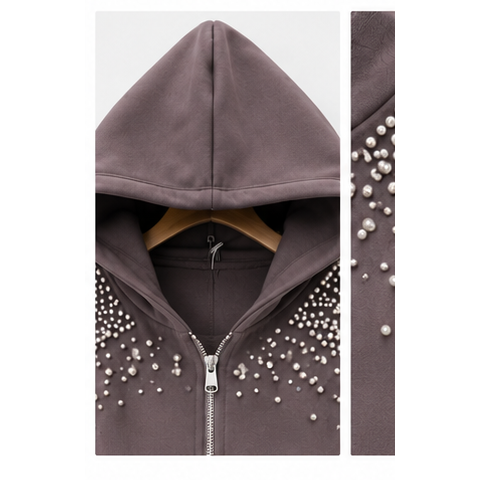 Mocha Rhinestone Embellished Zip-Up Hoodie