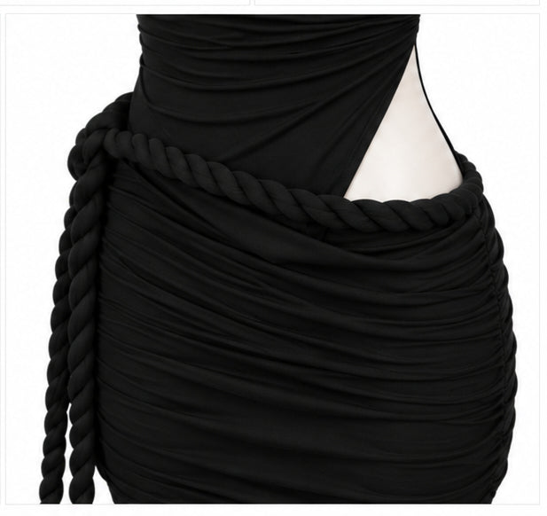 Women’s Black One-Shoulder Ruched Mini Dress with Cut-Out