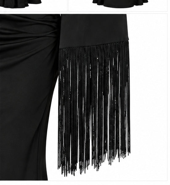 Women’s Black One-Shoulder Maxi Dress with Fringe Sleeve