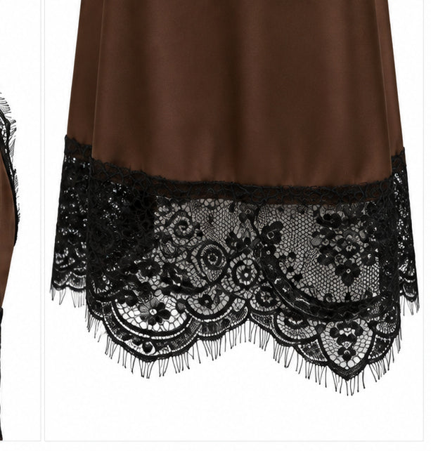 Women’s Chocolate Brown Satin Mini Dress with Black Lace