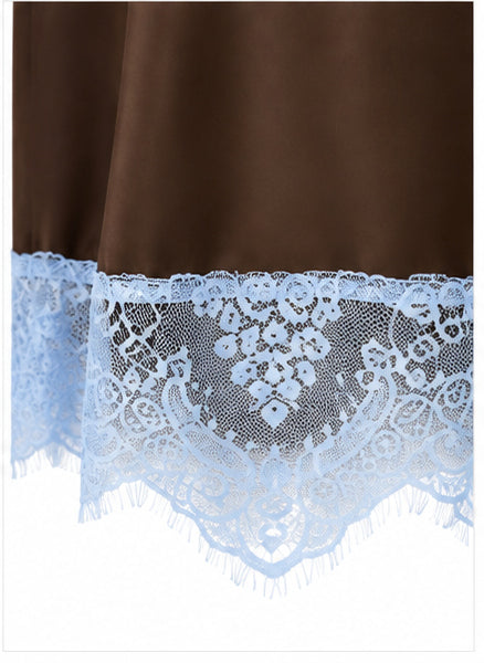 Women’s Chocolate Brown Satin Mini Dress with Blue Lace