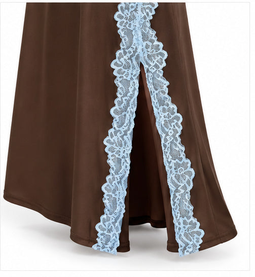 Women’s Chocolate Brown Satin Maxi Dress with Blue Lace