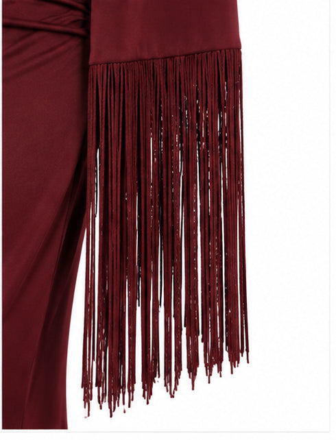 Burgundy One-Shoulder Maxi Dress with Fringe Sleeve
