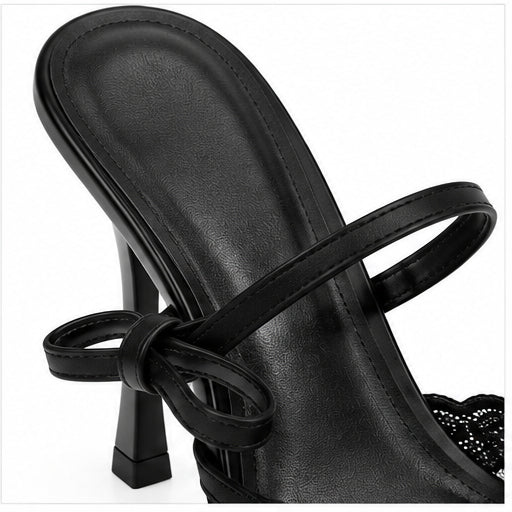 Women’s Black Lace High-Heel Mules with Bow & Gold Toe