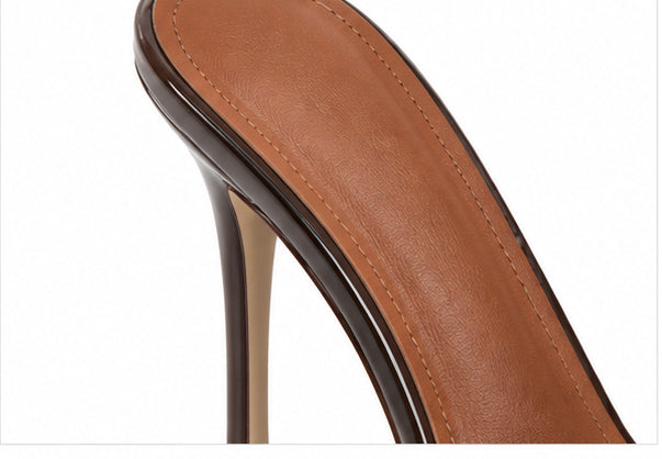 Women’s Chocolate Brown Patent High-Heel Mules with Peep Toe
