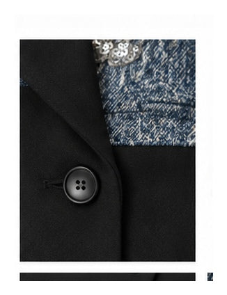 Denim & Black Tailored Blazer with Sequin Floral Embellishments