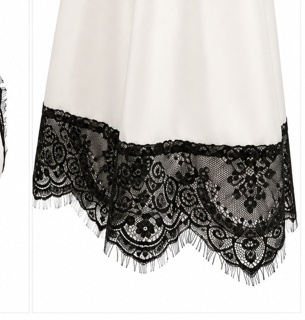 Women’s Ivory Satin Mini Dress with Black Lace
