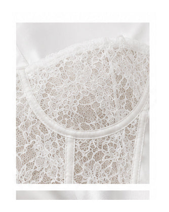 White Satin Lace Corset Top with Short Sleeves