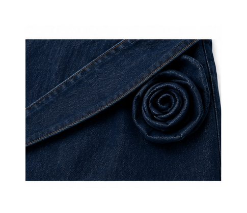 Women’s Dark Blue Denim Corset & Wrap Mini Skirt Set with Rose Detail