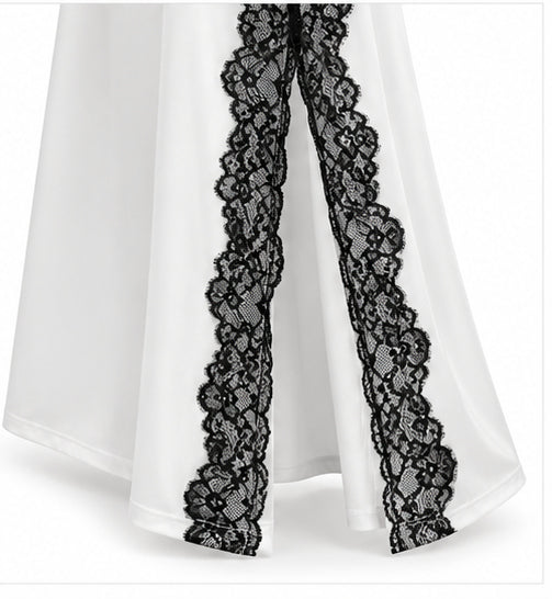 Women’s White Satin Maxi Dress with Black Lace