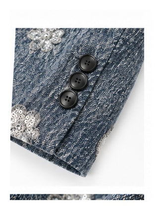 Denim & Black Tailored Blazer with Sequin Floral Embellishments
