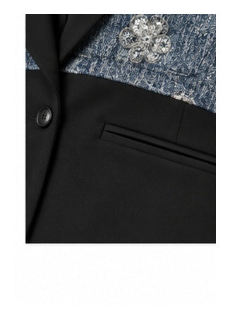 Denim & Black Tailored Blazer with Sequin Floral Embellishments