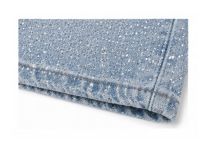 Light Blue Rhinestone Embellished Denim Bermuda Shorts