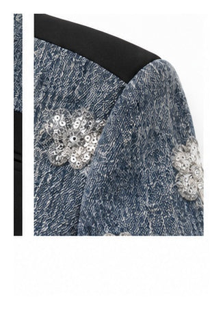 Denim & Black Tailored Blazer with Sequin Floral Embellishments