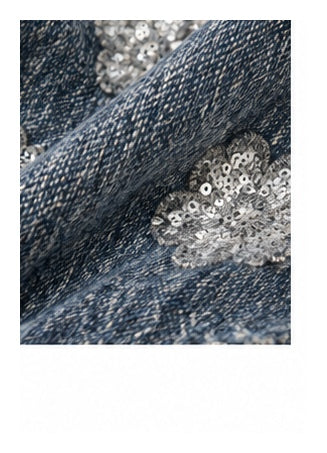 Denim & Black Tailored Blazer with Sequin Floral Embellishments