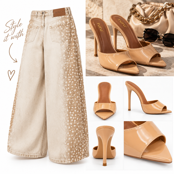 Women’s Beige Animal Print Barrel-Leg Jeans