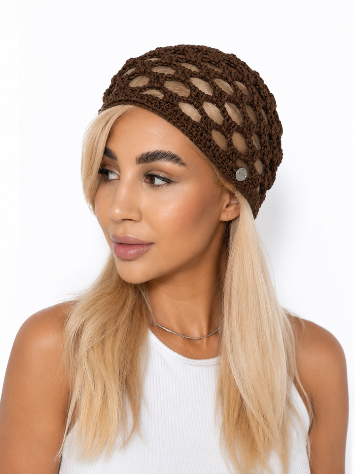 Open Knit Crochet Beanie IN BROWN