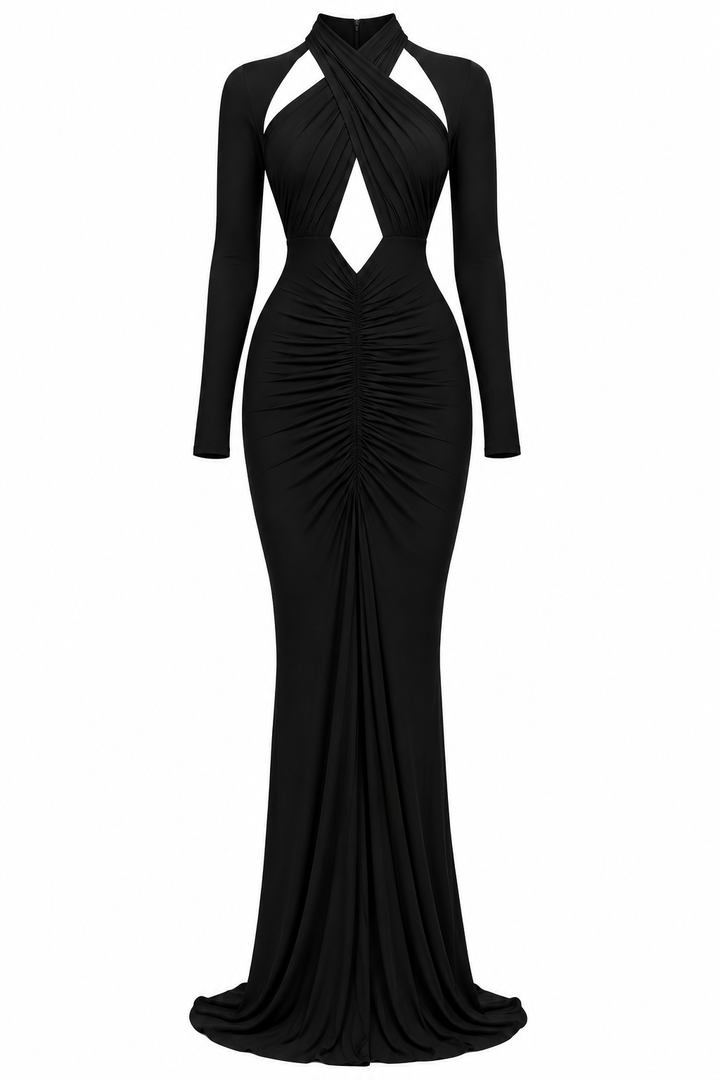 Black Ruched Cut-Out Long Sleeve Maxi Dress