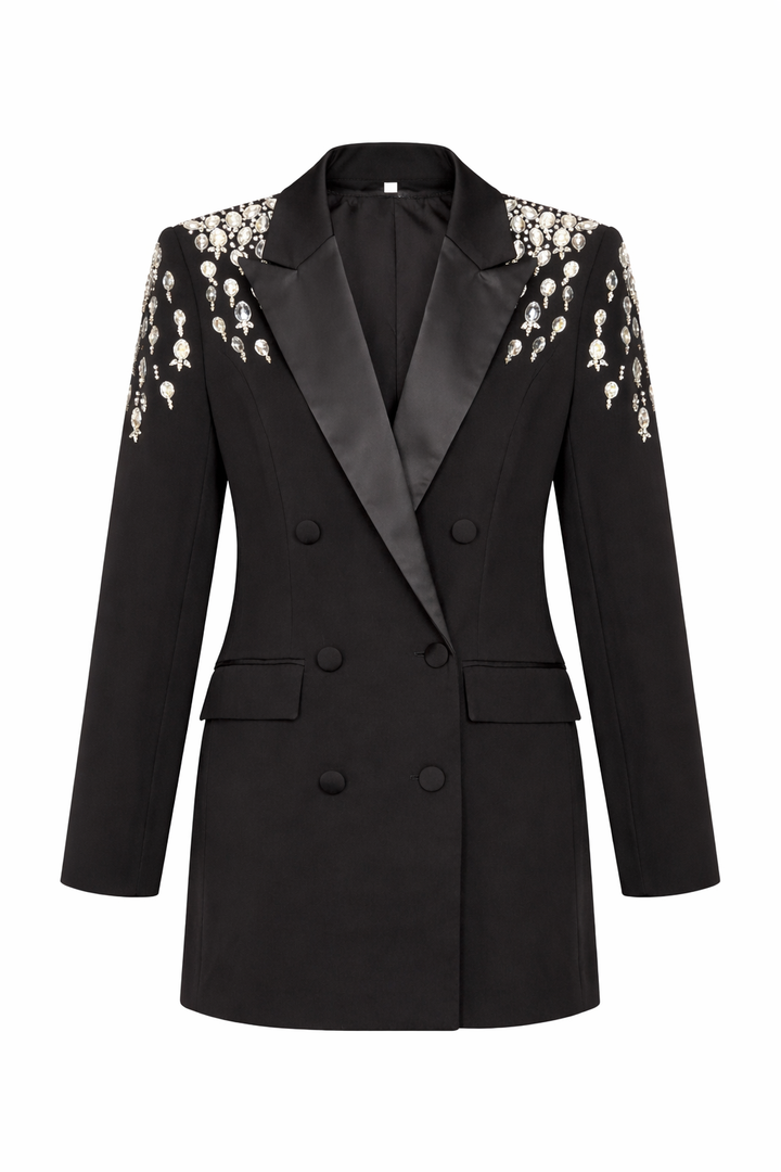 Embellished Black Double-Breasted Blazer