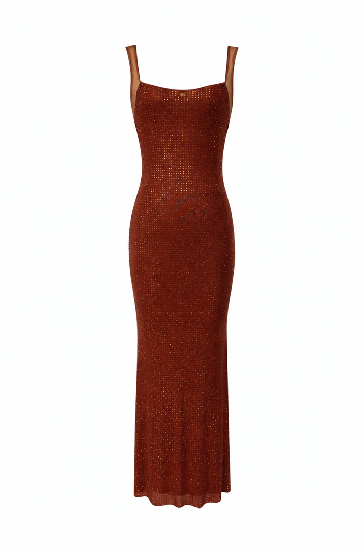 Rust Shimmer Open-Back Evening Dress