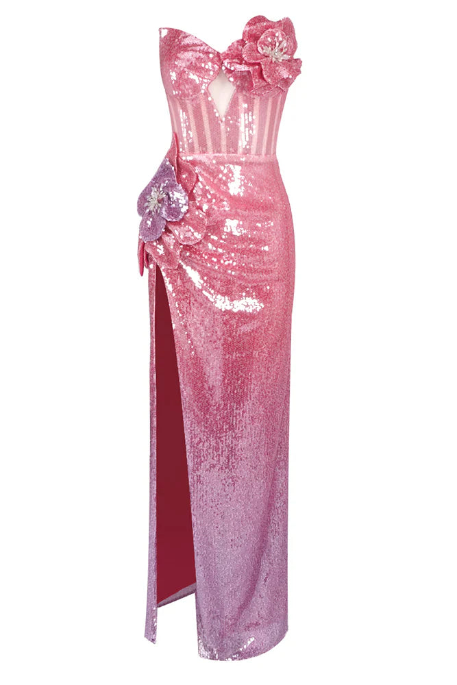 3D Floral Sequin Gown in Pink