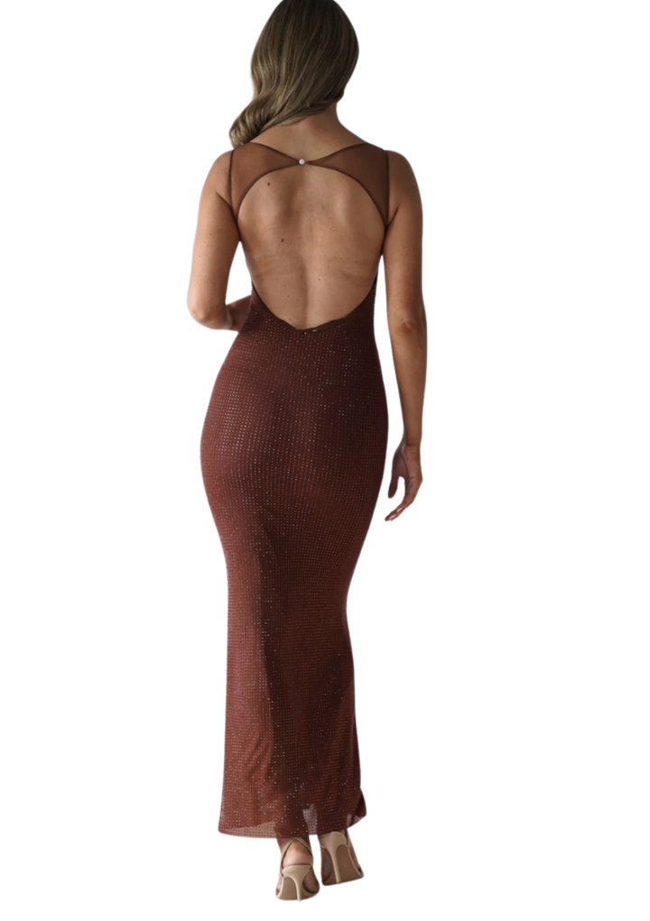Rust Shimmer Open-Back Evening Dress