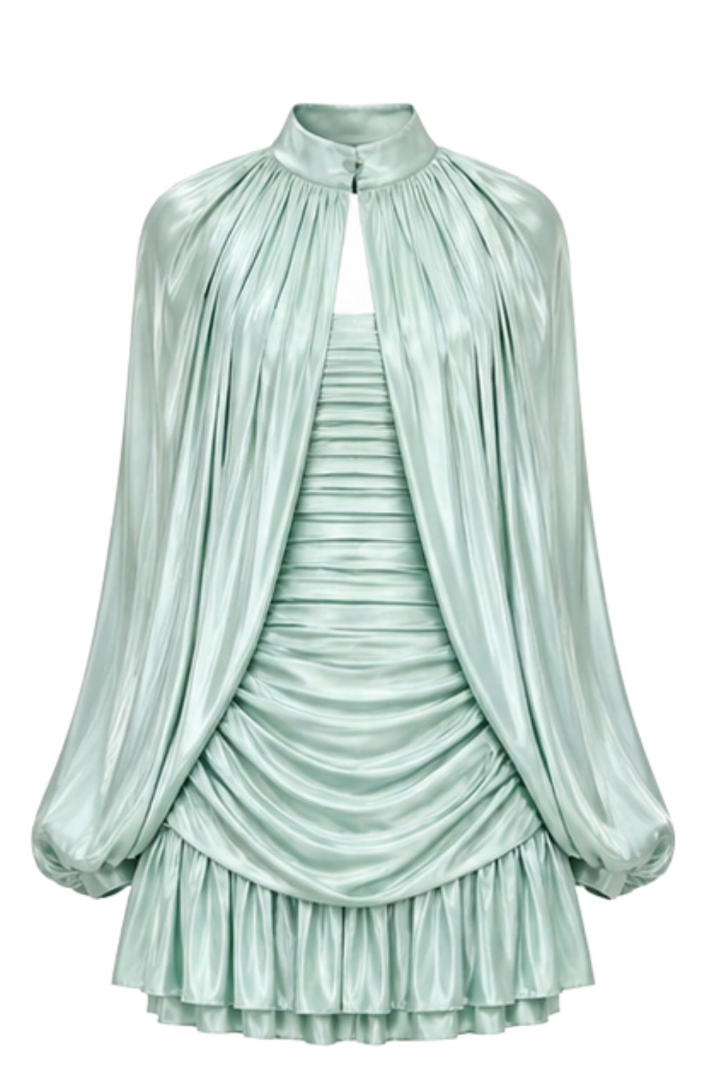 Black Satin Pleated Cape Mini Dress