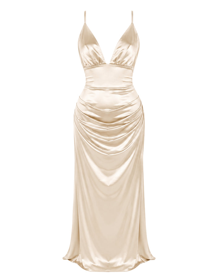 Luna Satin Lace-Up Maxi Dress in BEIGE