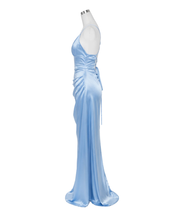 Luna Satin Lace-Up Maxi Dress Sky Blue