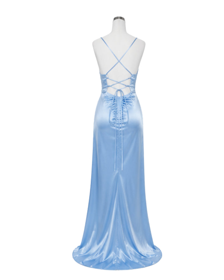 Luna Satin Lace-Up Maxi Dress Sky Blue