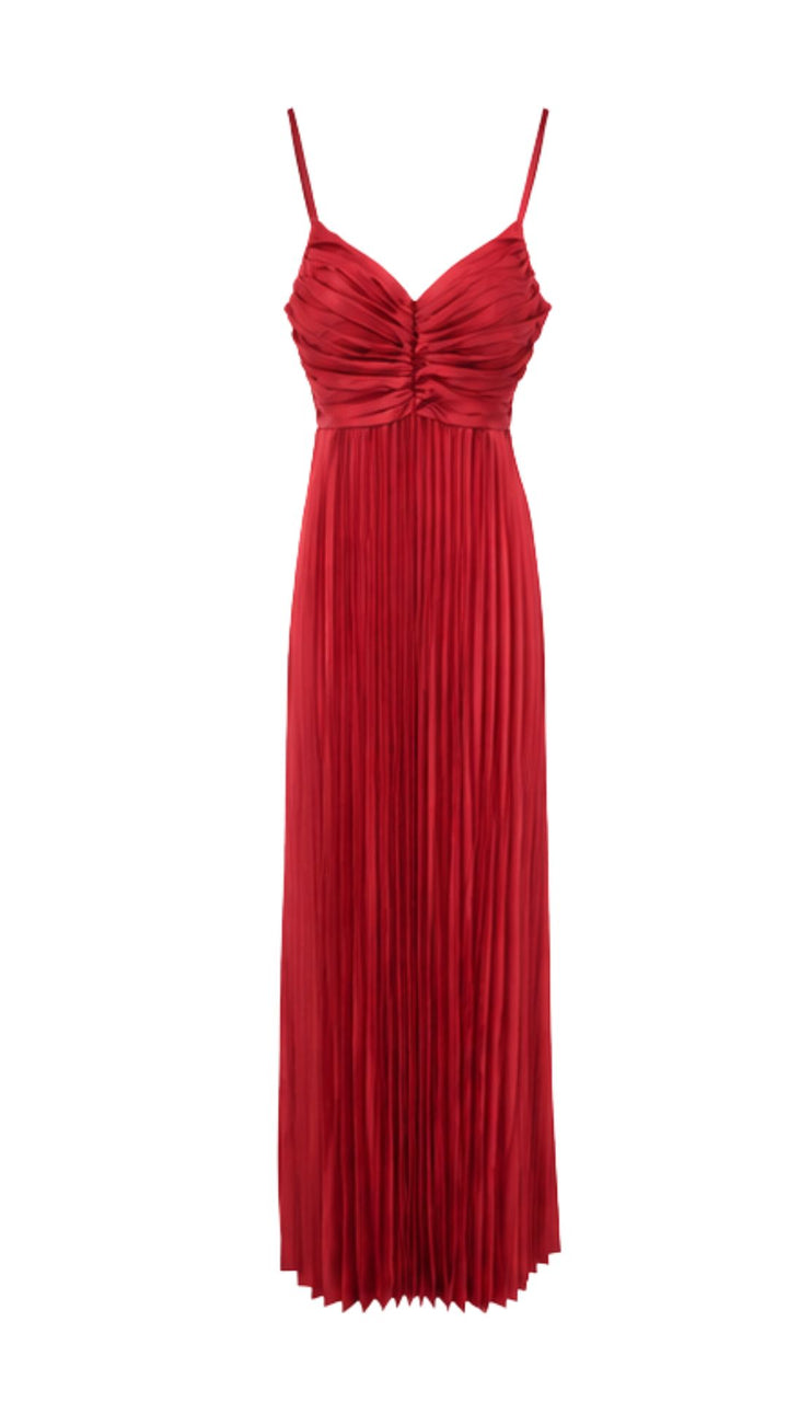Elegant Pleated Maxi Dress with Bow Detail – Red