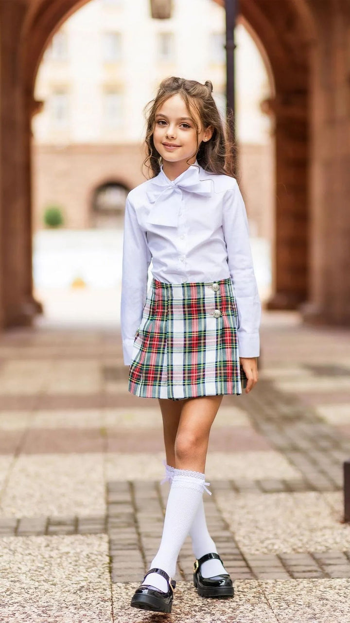 Girls’ White Checked Skirt with Gold Buttons