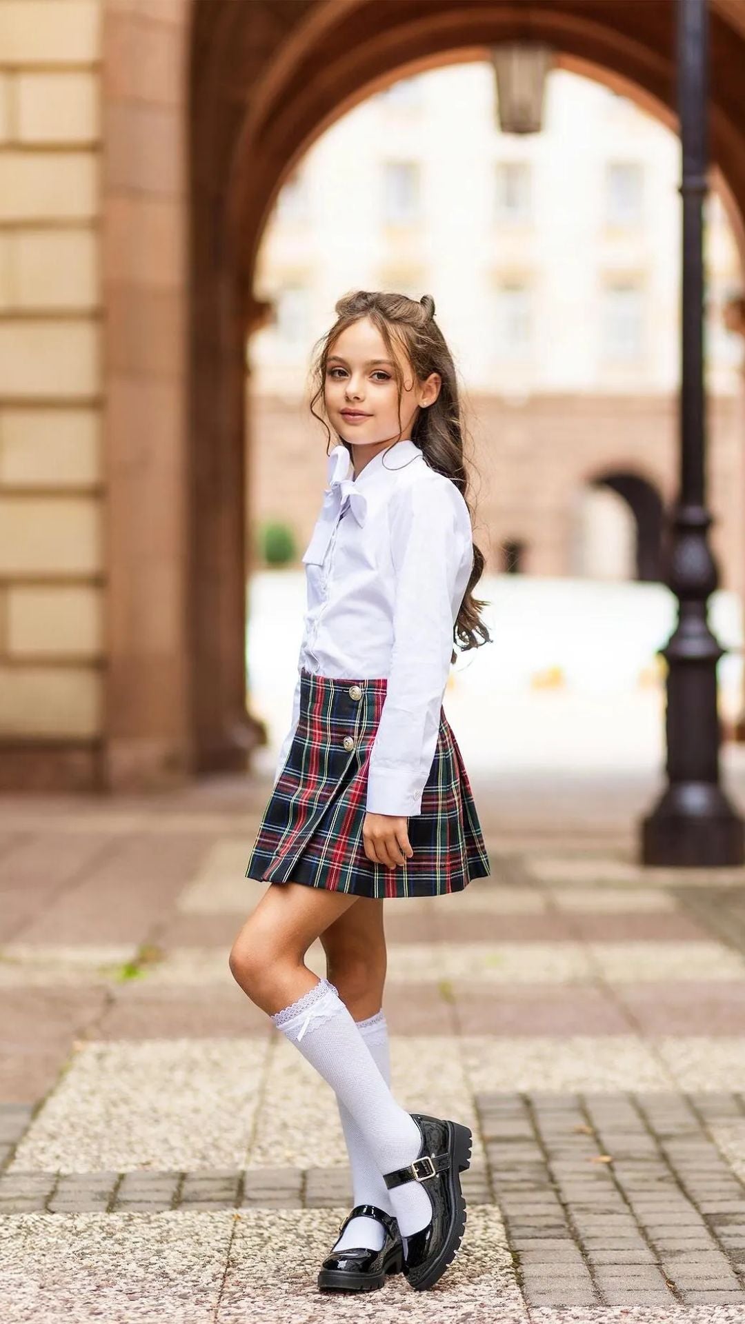 Girls’ Navy Blue Checked Skirt with Gold Buttons