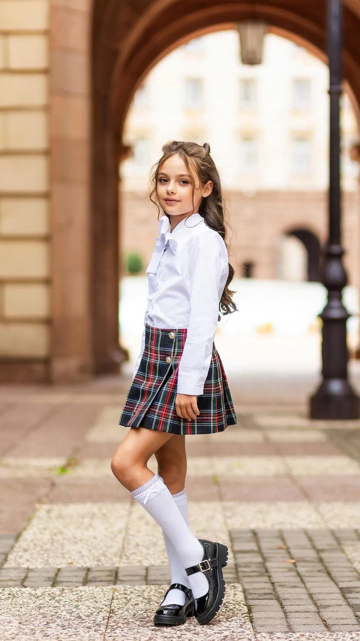 Girls’ Navy Blue Checked Skirt with Gold Buttons