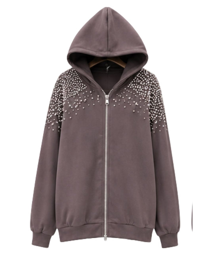Mocha Rhinestone Embellished Zip-Up Hoodie