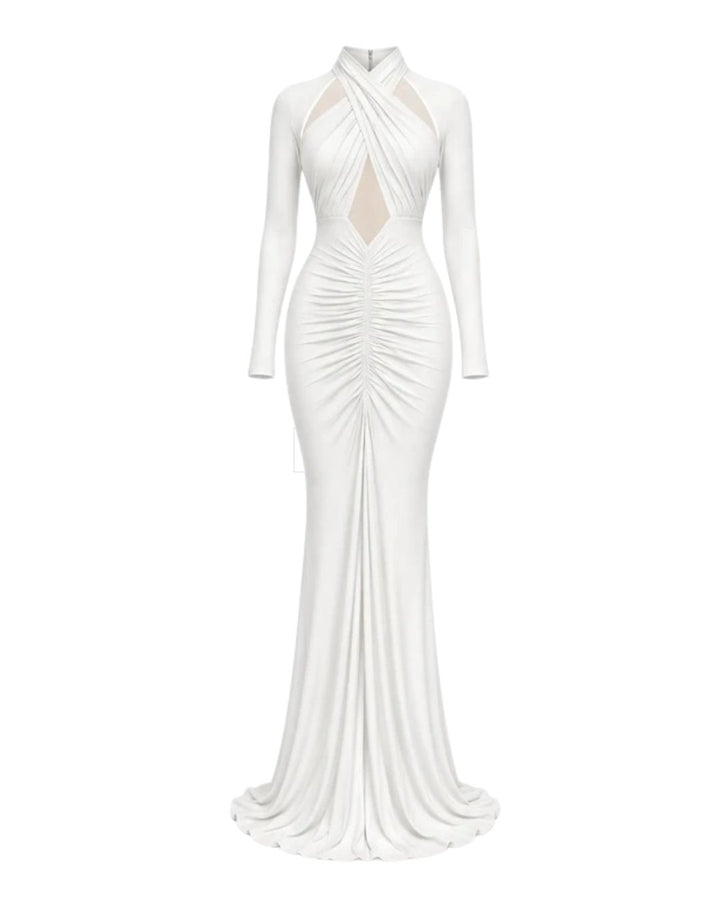 White Ruched Cut-Out Long Sleeve Maxi Dress