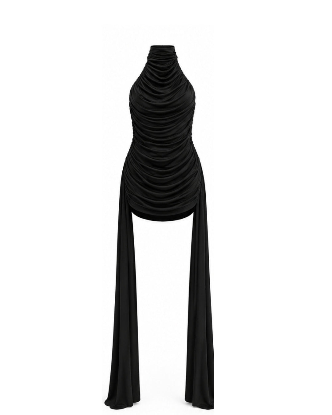 Black Velvet Ruched Halter Neck Mini Dress with Draped Ties