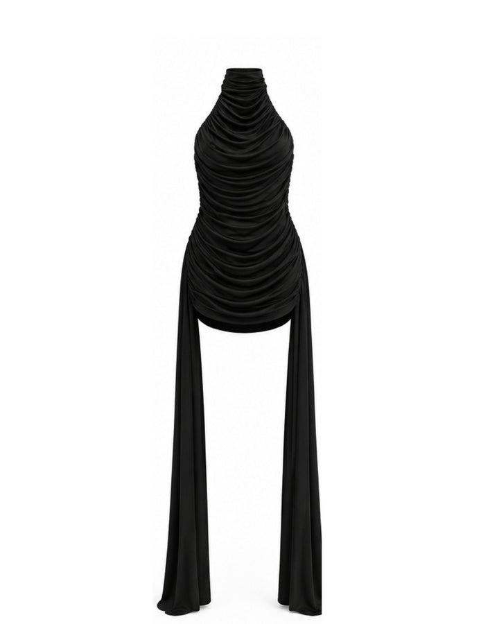 Black Velvet Ruched Halter Neck Mini Dress with Draped Ties