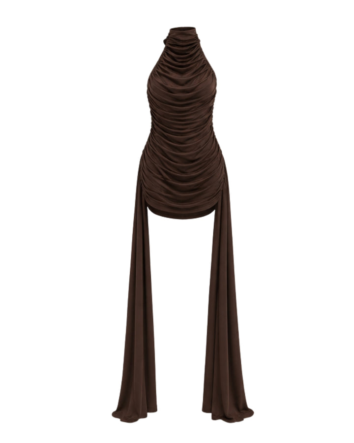 Chocolate Brown Ruched Halter Mini Dress