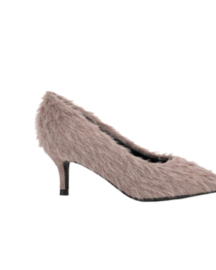 Taupe Faux Fur Pointed-Toe Slingback Heels
