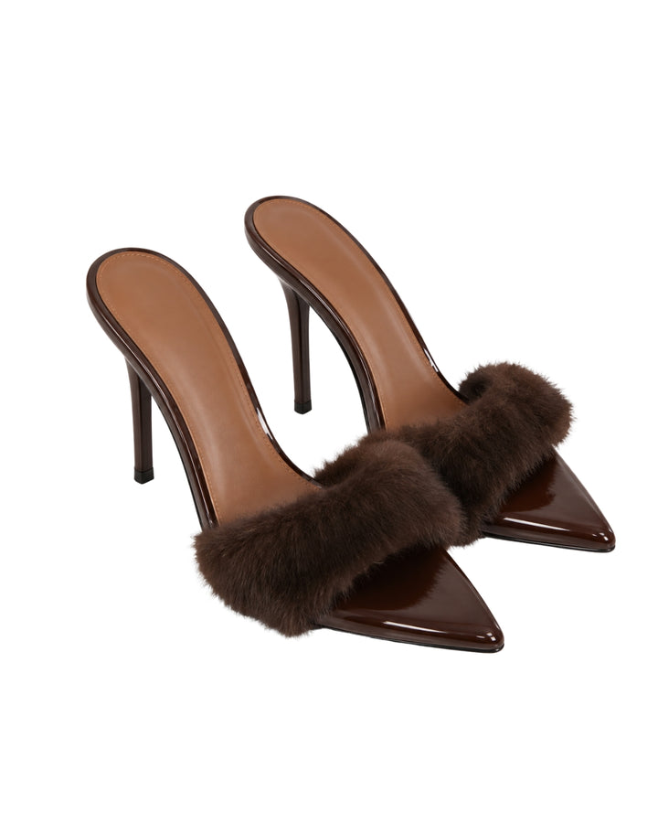 Women’s Brown Faux Fur High-Heel Mules