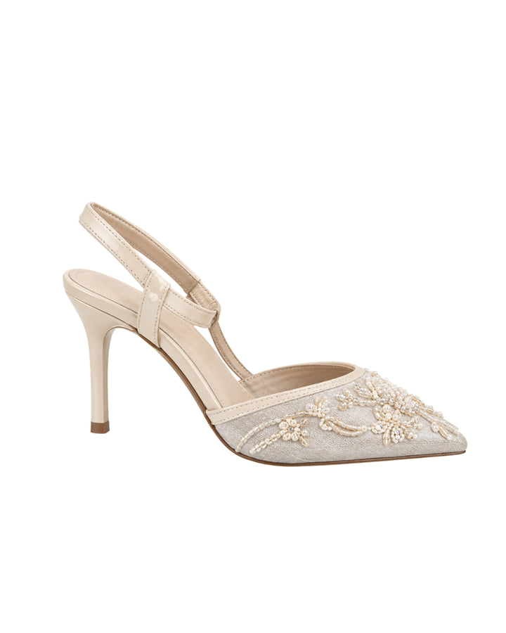 Ivory Pearl Embellished Pointed-Toe Slingback Heels
