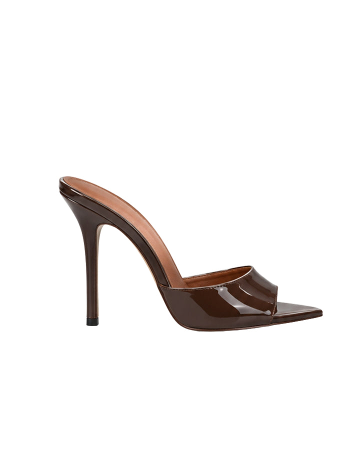 Women’s Chocolate Brown Patent High-Heel Mules with Peep Toe