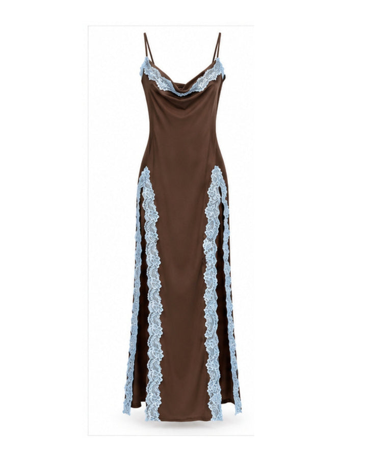 Women’s Chocolate Brown Satin Maxi Dress with Blue Lace
